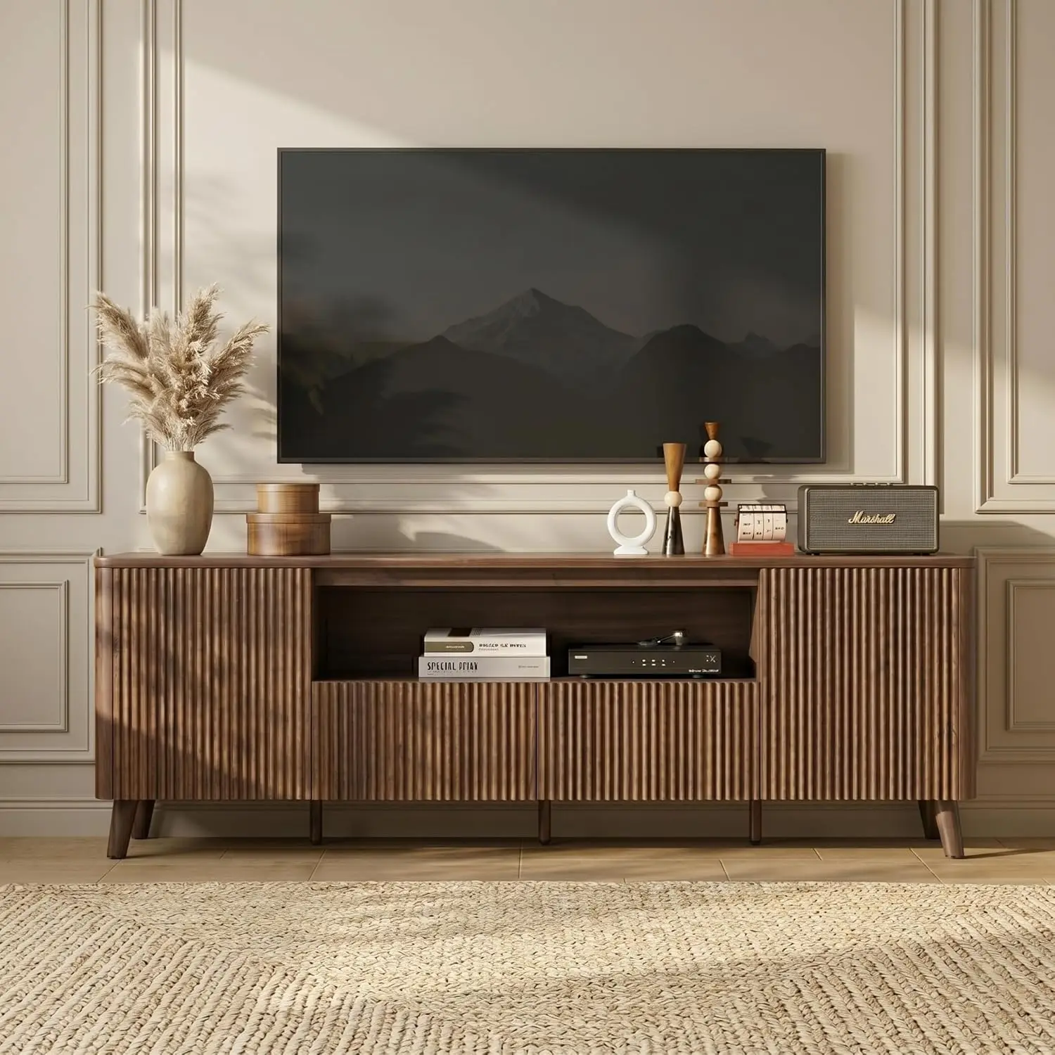 

Stands for Living Room, Mid Century Modern TV Stand for 80 inch TV with Storage, Drawers, Adjustable Shelves, Walnut