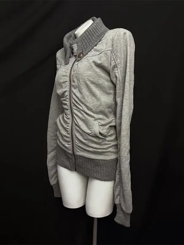 Sudadera con capucha estilo callejero americano Retro plisada con cuello alto y cremallera para mujer, sudadera gris de gran tamaño con puños acanalados, chaqueta estilo Y2K