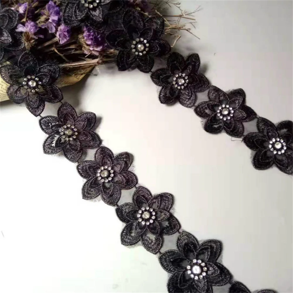 1 yards Black Pearl Flower Leaf Handmade Beaded Embroidered Lace  Trim Ribbon Applique Wedding Dress Sewing Craft 6X6cm