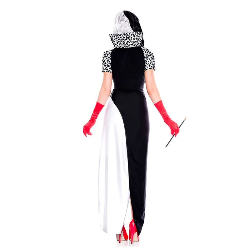 Cruella de Vil abito lungo nuovo arriva contrasto colore Clown Circus Horror Costume Halloween fantasmi Cosplay Fancy Dress Drop Ship