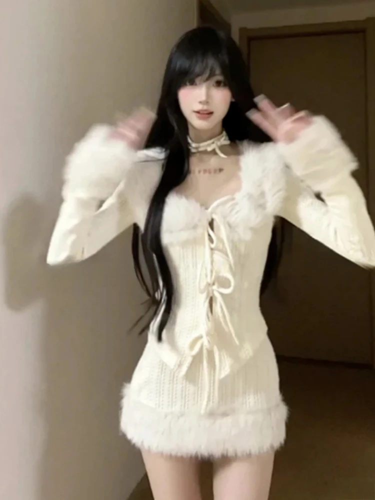 Y2k Aesthetic Furry Patchwork Slim Fit Bandage Bow Cardigan + Harajuku Grunge Mini Skirts Women Autumn Knitted Two Pieces Set