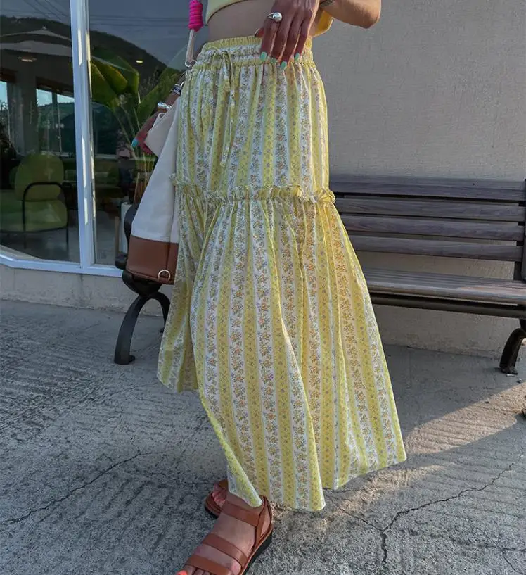 

Эластичная женская юбка трапециевидной формы с цветочным принтом и высокой талией, корейская юбка-миди из хлопкового материала со сборками по подолу