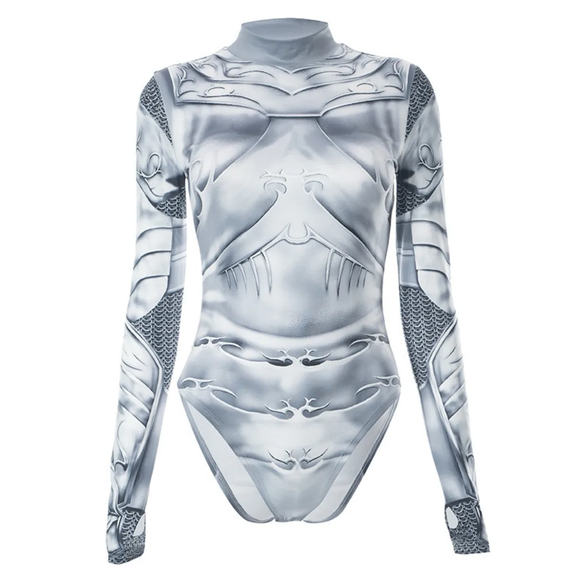 

ssTss Autumn New Mock Neck Tight Long Sleeve Bodysuit European Hot Girl Sexy Mechanical Body Print Jumpsuit