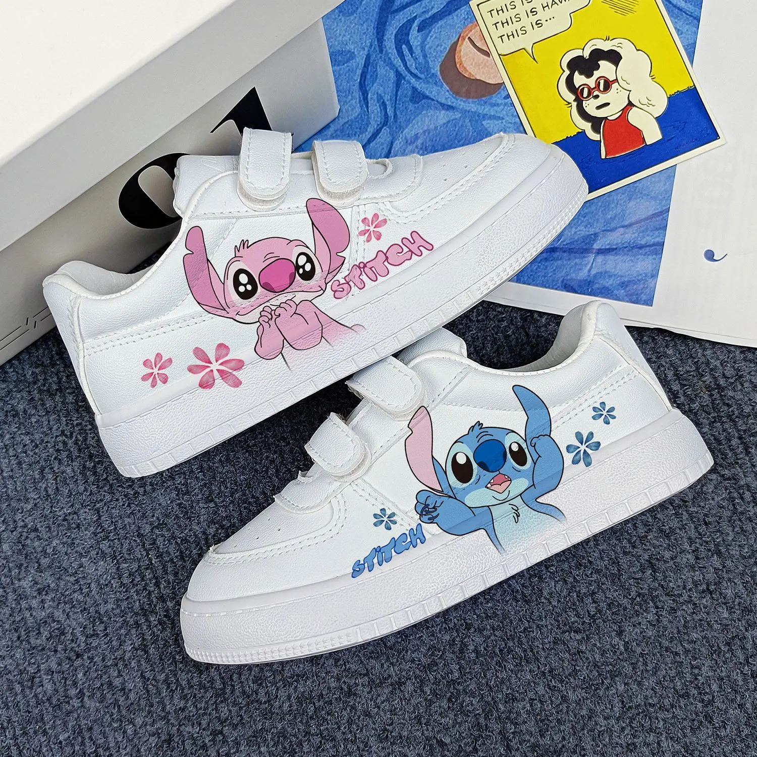 Disney-Zapatillas deportivas con estampado de Lilo & Stitch para niños y niñas, zapatos planos de tenis para niños, zapatillas informales blancas de