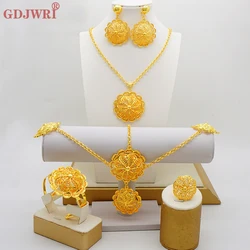 2024 Latest Flower Design Luxury 24 Gold Color Women's Jewelry Set African Fashion Bracelets, Earrings, Necklaces, Ring Headwear