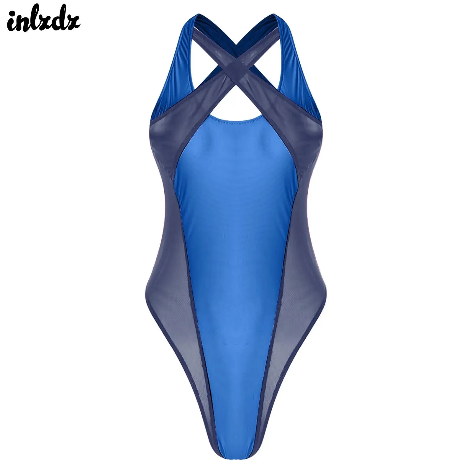 

Womens Lingerie Glossy One Piece Leotard Bodysuit Swimsuit Sheer Mesh Swimwear Swimming Bathing Suit for Pool Beach Party