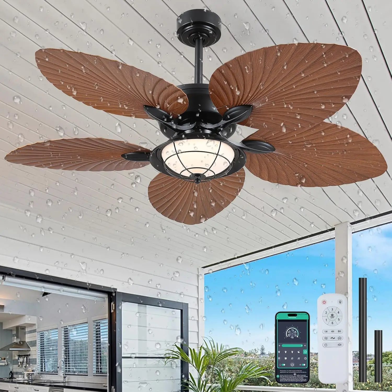 

52-Inch Waterproof Outdoor Palm Leaf Ceiling Fan with Light and Remote Control, Wet Rated Tropical Fan for Patios, Porches, Gazebos, and Pergolas