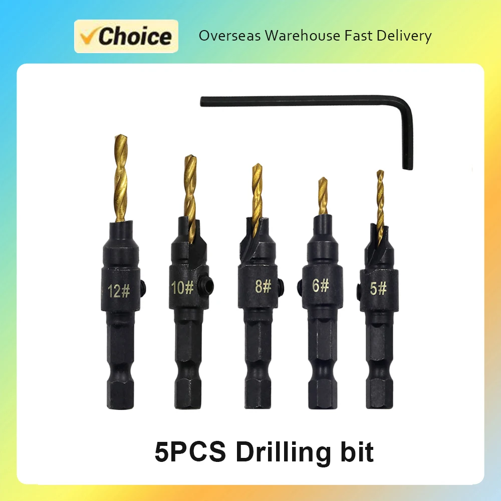 5PCS Countersink Drill Bit Set High Speed Steel with 1 Free Hex Key Wrench for Woodworking and Carpentry