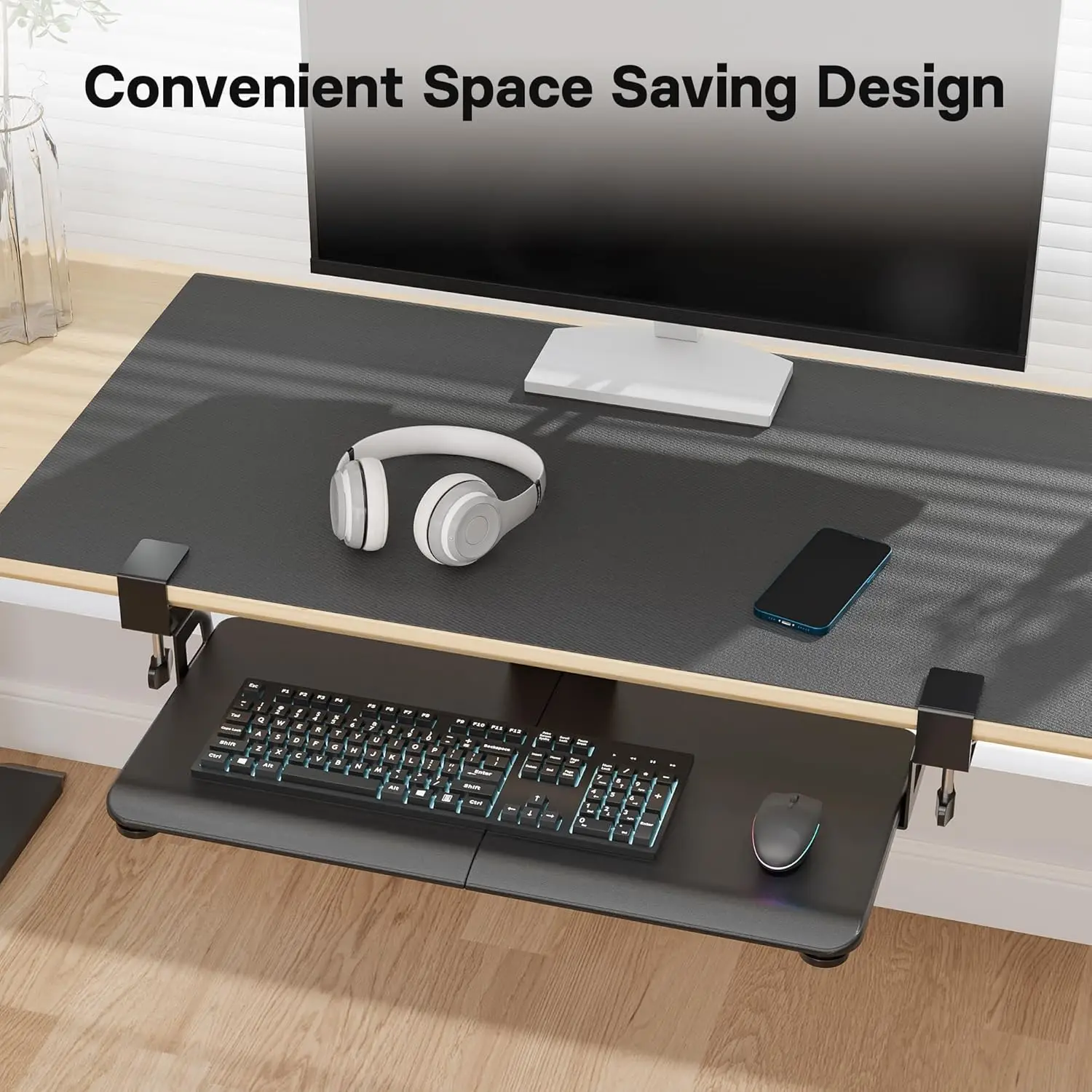 Keyboard Tray Under Desk, Pull Out Keyboard & Mouse Tray with C-clamp, 25.6 Excluding Clamps (30 Including Clamps) x 11.8 Inch