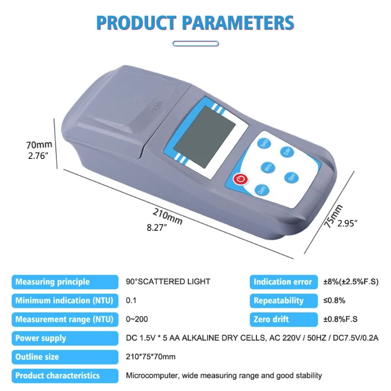 Digital Water Turbidity Meter Portable Handheld Turbidimeter 0~200 NTU 90° Scattered Light Accuracy 0.1 with Backlight