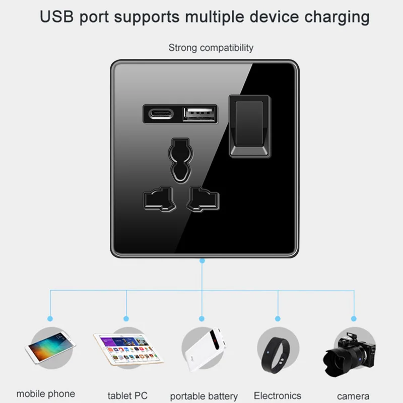 13a English Socket with USB Socket Dark mounted recessed wall lamp switch button 220V1gang2way Black tempered glass Panel switch