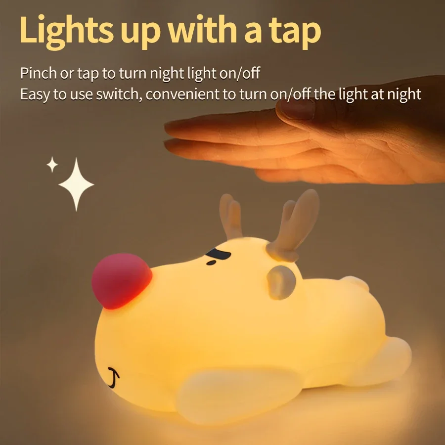 Reindeer Silicone LED Night Light for Kids Cute Soft Touch Bedside Light Home Bedroom Decoration Christmas Gift Night Light