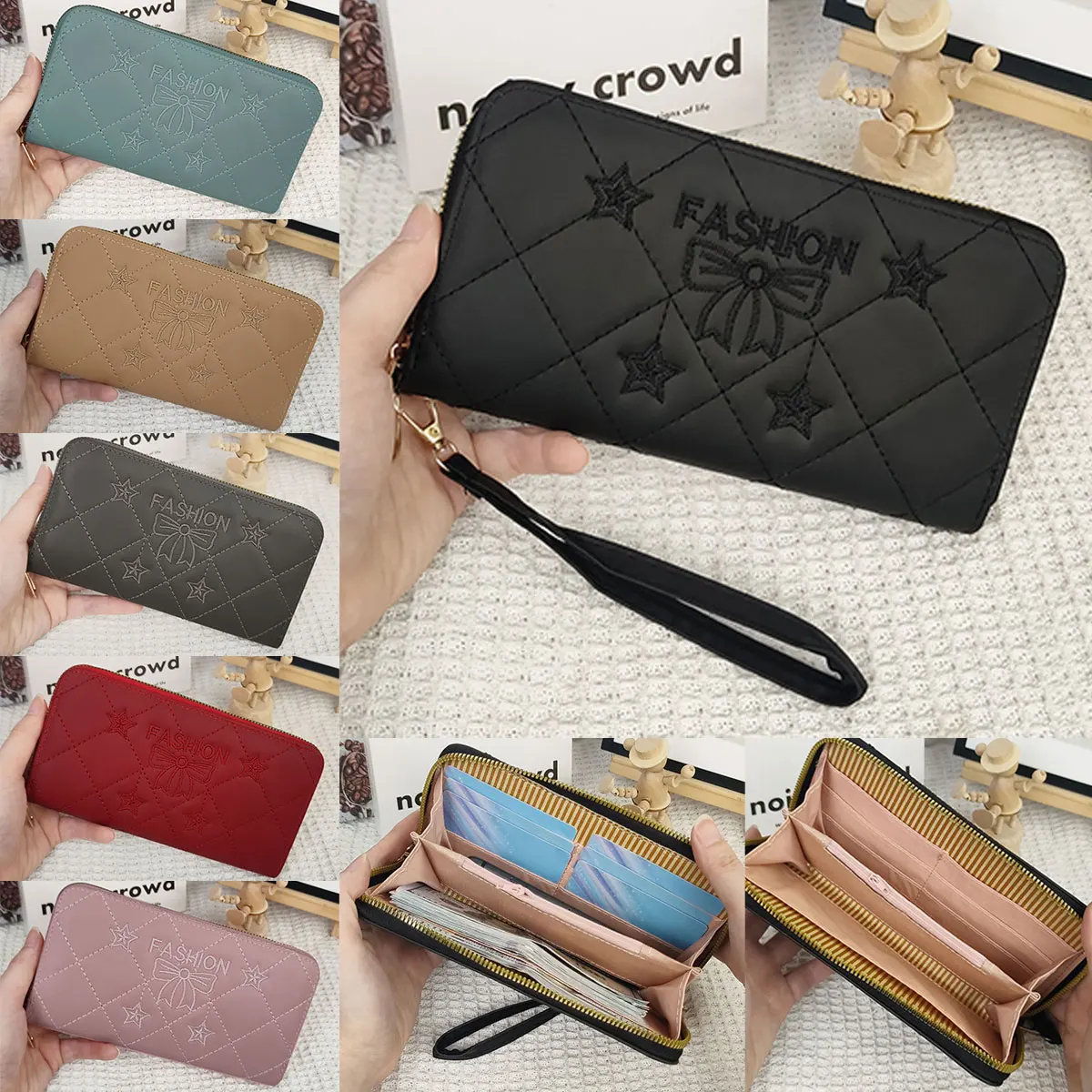 

Korean style women's embroidered butterfly wallet, long PU leather single zipper clutch bag, large capacity multi-card slot