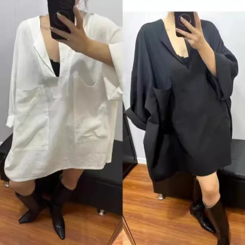 SuperAen Vintage Cotton and Linen Oversize Pullover Long Top Women's Autumn New Korean Style Black V-neck Casual Loose Waist Top