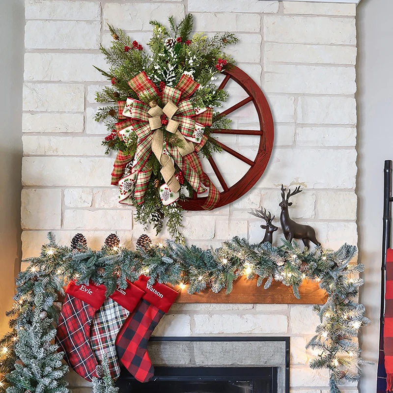 Farmhouse Wagon Wheel Wreath Christmas Winter Door Hanging Home Outdoor Decoration New Year Gift Christmas Decoration