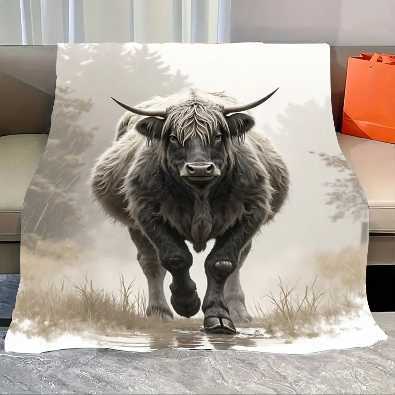 

1pc Flannel Blanket Highland Cow in Rainy Forest Cozy Fleece Blanket for Home Decor