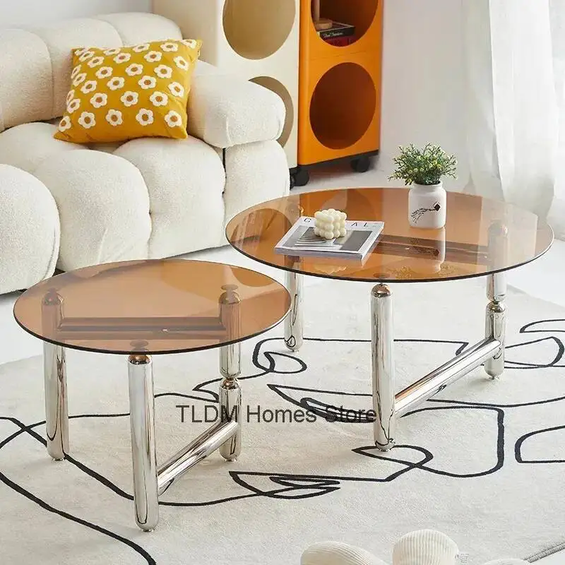 Glass Circular Coffee Table, Home Living Room Small Tea Table Design, Anti Slip Transparent Tempered Coffee Table in Stock