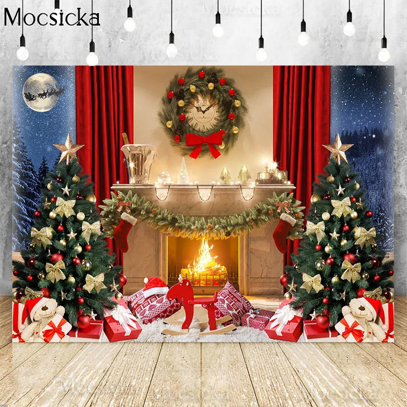 Christmas Fireplace Backdrops For Photography Family Portrait Gift Night Kids Photocall Background Photo Studio Xmas Tree Props