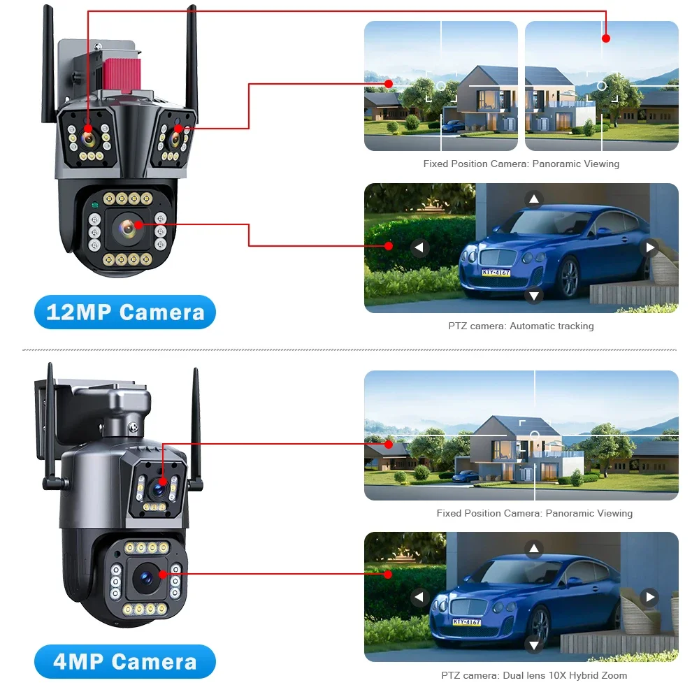 6K 12MP IP WiFi 360 Camera with10X Zoom three lens three screens  security Camera System  4K 8MP Outdoor  PTZ Inteligentny Dom