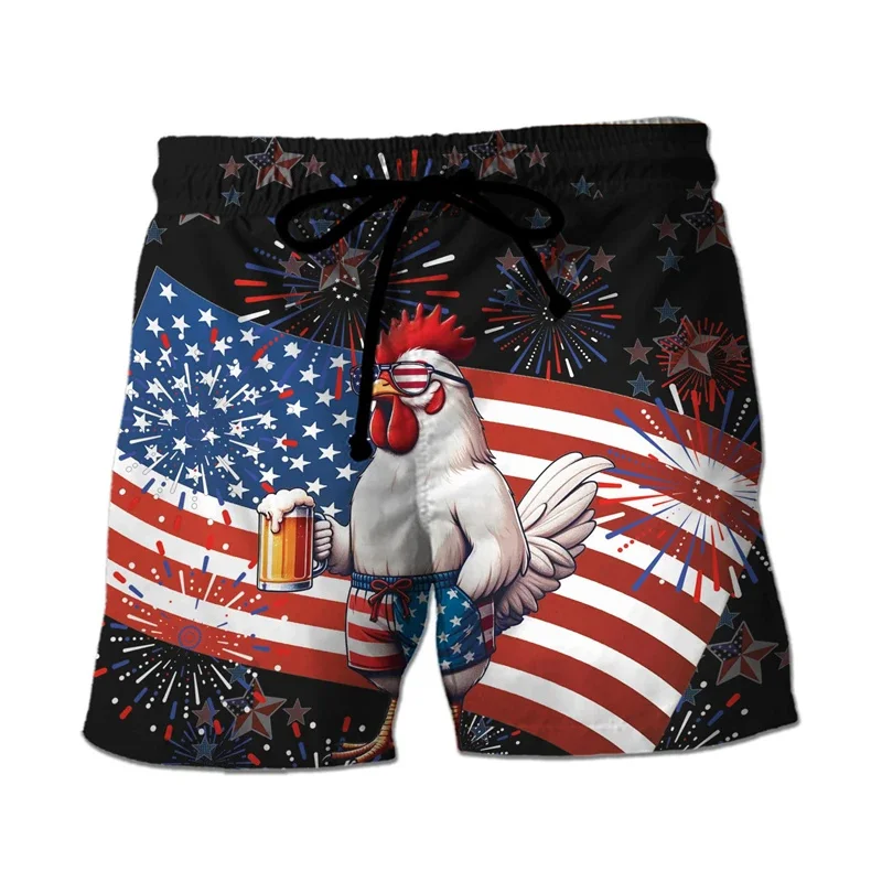 Funny Chicken Graphic Short Pants Men American Flag Pattern Board Shorts Loose Quick Drying Male Swim Trunks Kids Beach Shorts