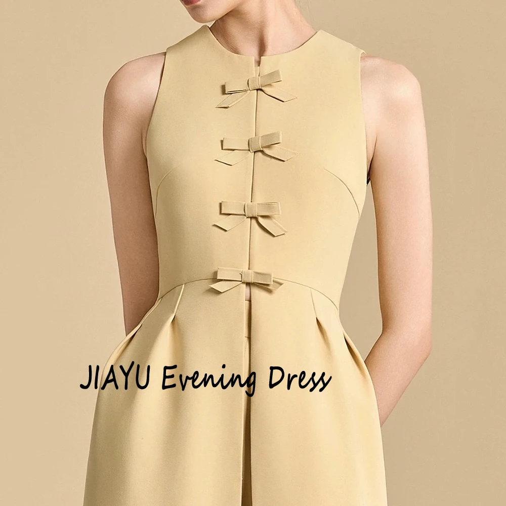 Customized O-neck Jersey A-line Evening Dress With Sweep Train Sleeveless Party Dress With Bow Ankle Length Prom Gown For Women