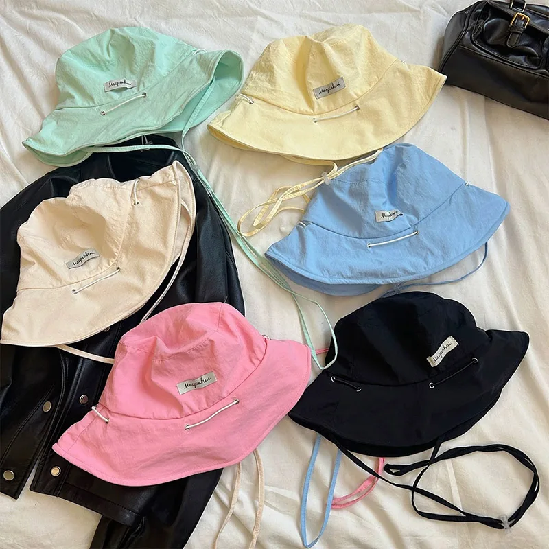 الصيف قبعة بحافة للنساء رقيقة سريعة الجافة قبعة صياد Y2K الفتيات بلون قبعات بنما حقيبة متغيرة ذات الاستخدام المزدوج #3