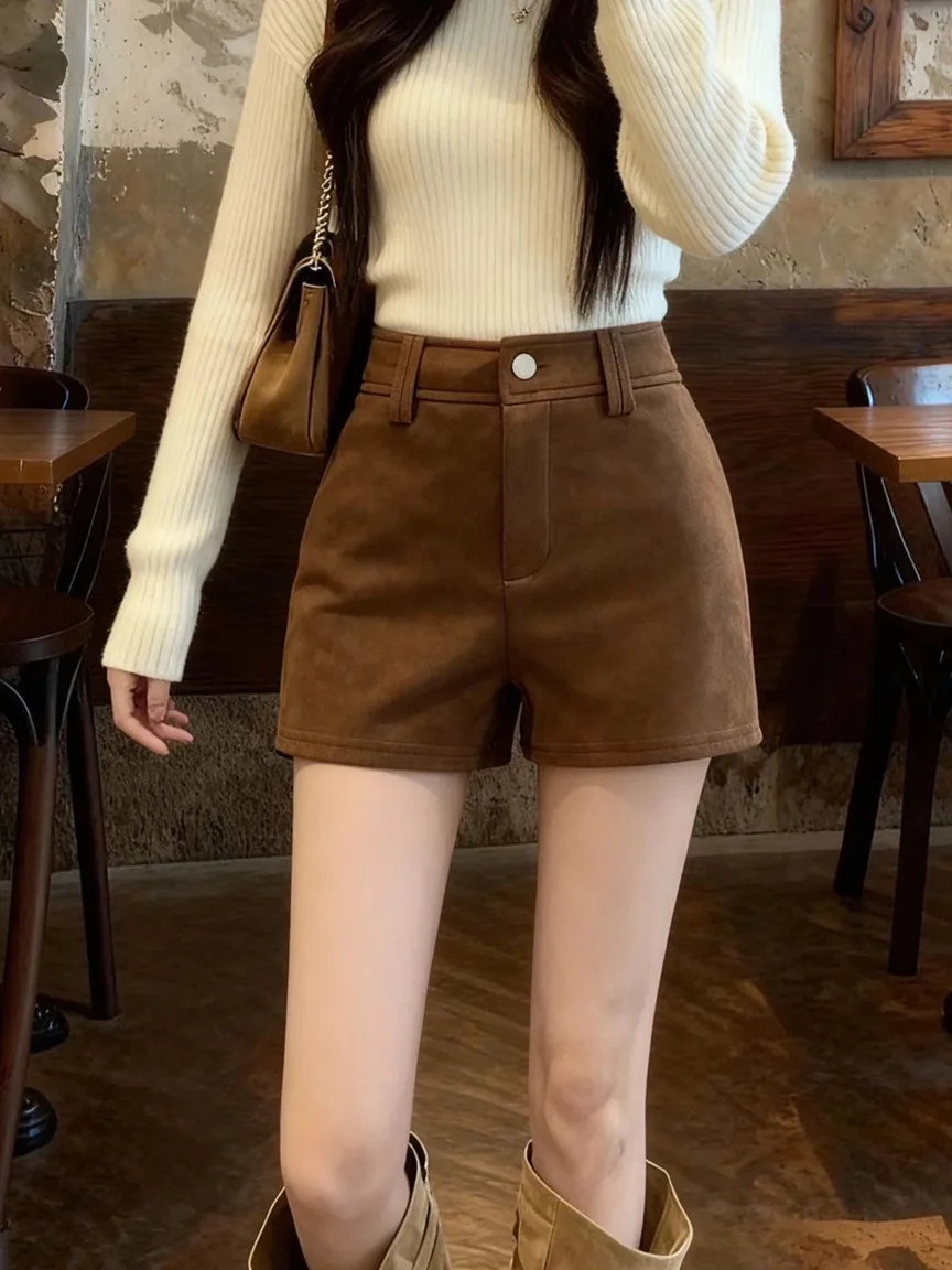 

Caramel Suede Short Pants Women's High Waist Slimming Versatile Hot Girl Design Outerwear Booties Spring New Style Casual Pants