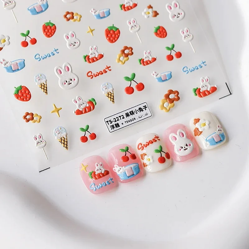 1Pcs Cartoon Cute Strawberry Bunny Nail Stickers Rabbit Self Adhesive Sticker Slider For Nails Art Decorations DIY Accessories