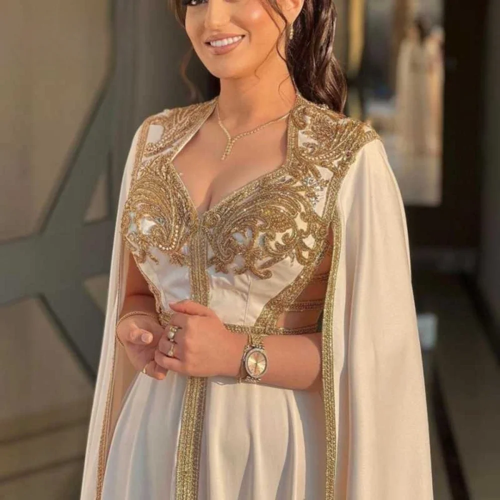 Marokkanischer Kaftan, formelle Abendkleider, A-Linie, V-Ausschnitt, Applikationen, Perlen, Ballkleider, arabische Partykleider, individuell gestaltet