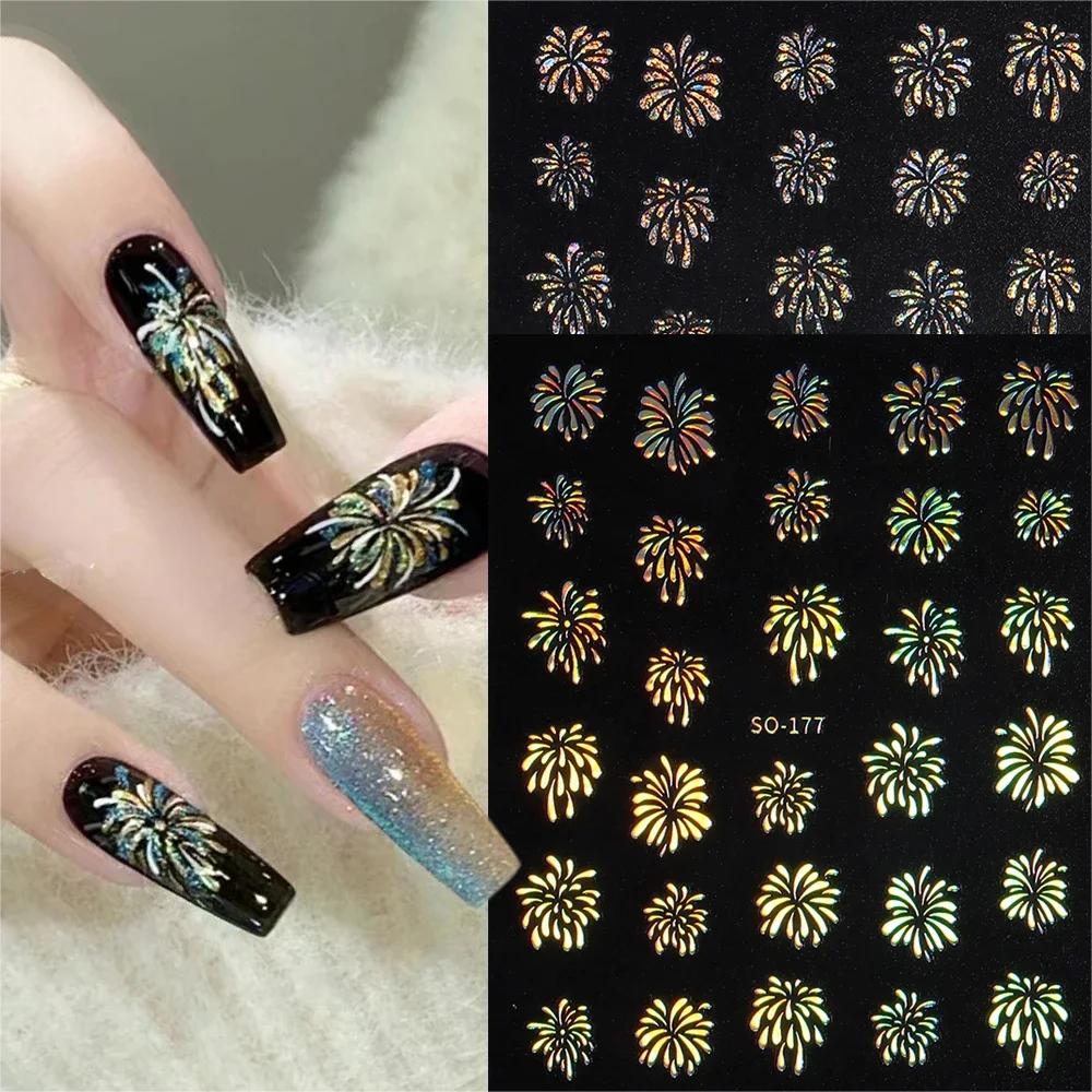 3D New Year Nail Stickers 2024 Shiny Fireworks Nail Decals Sparkling Glitter Sliders for Manicure Holographic Foils Wrap GLSO177