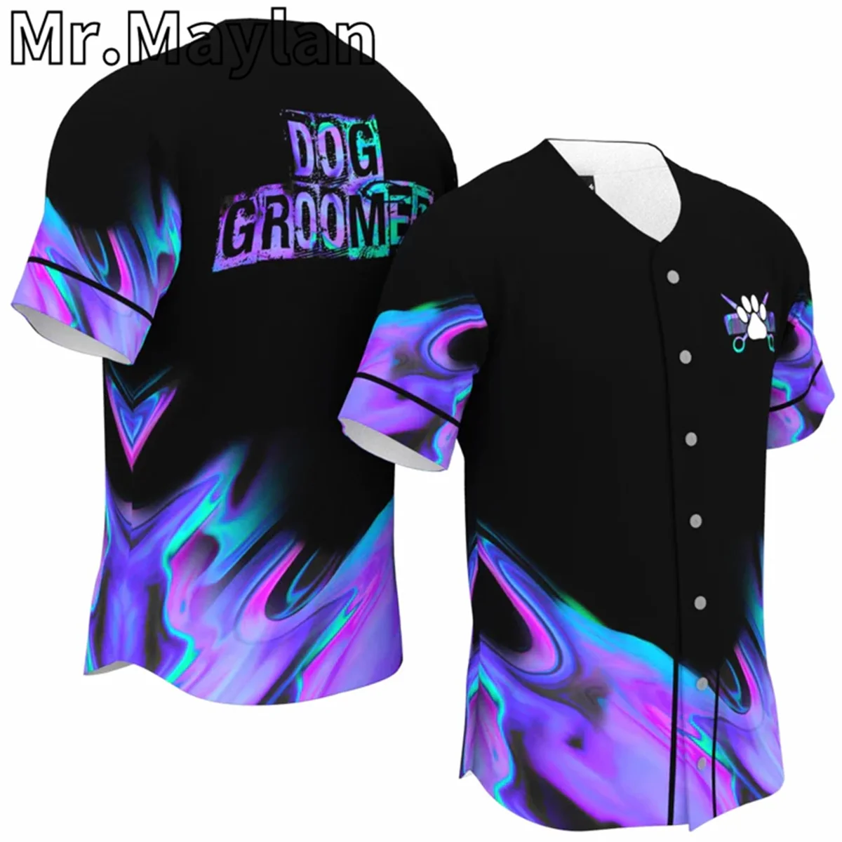 Dog Groomer Blue Purple Baseball Jersey Shirt 3D Printed Groom Salon Uniform Women Shirts Gift Pet Lover Shirts Unisex Tee Tops