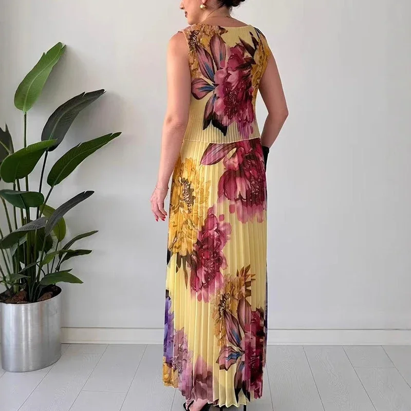 Vestido de fiesta Bohe drapeado con cuello redondo para mujer, vestido Sexy sin mangas de cintura alta, vestido Maxi suelto, Jersey elegante, vestido de vacaciones