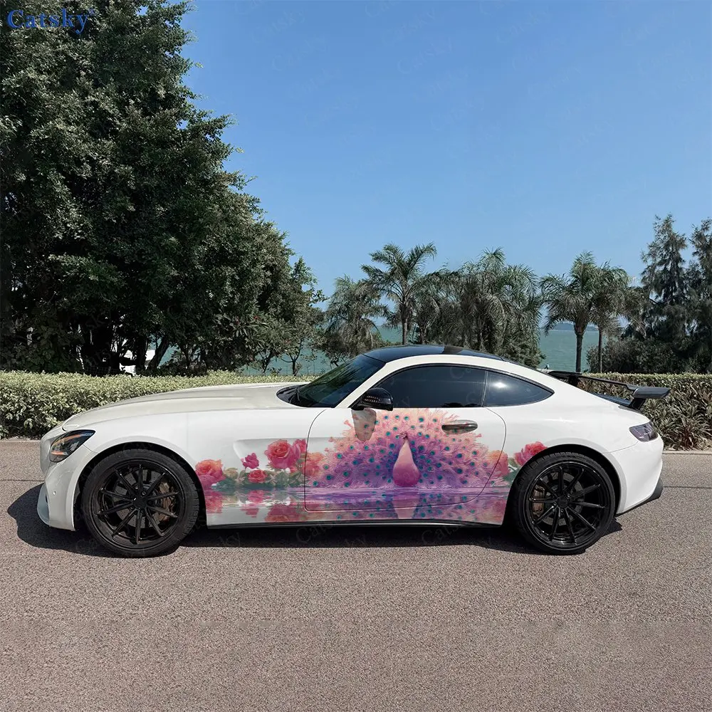 2 pièces de film vinyle pour voiture effet miroir « Splendeur du paon aquatique », durable, résistant à la décoloration, améliore l'esthétique du véhicule avec un design artistique audacieux