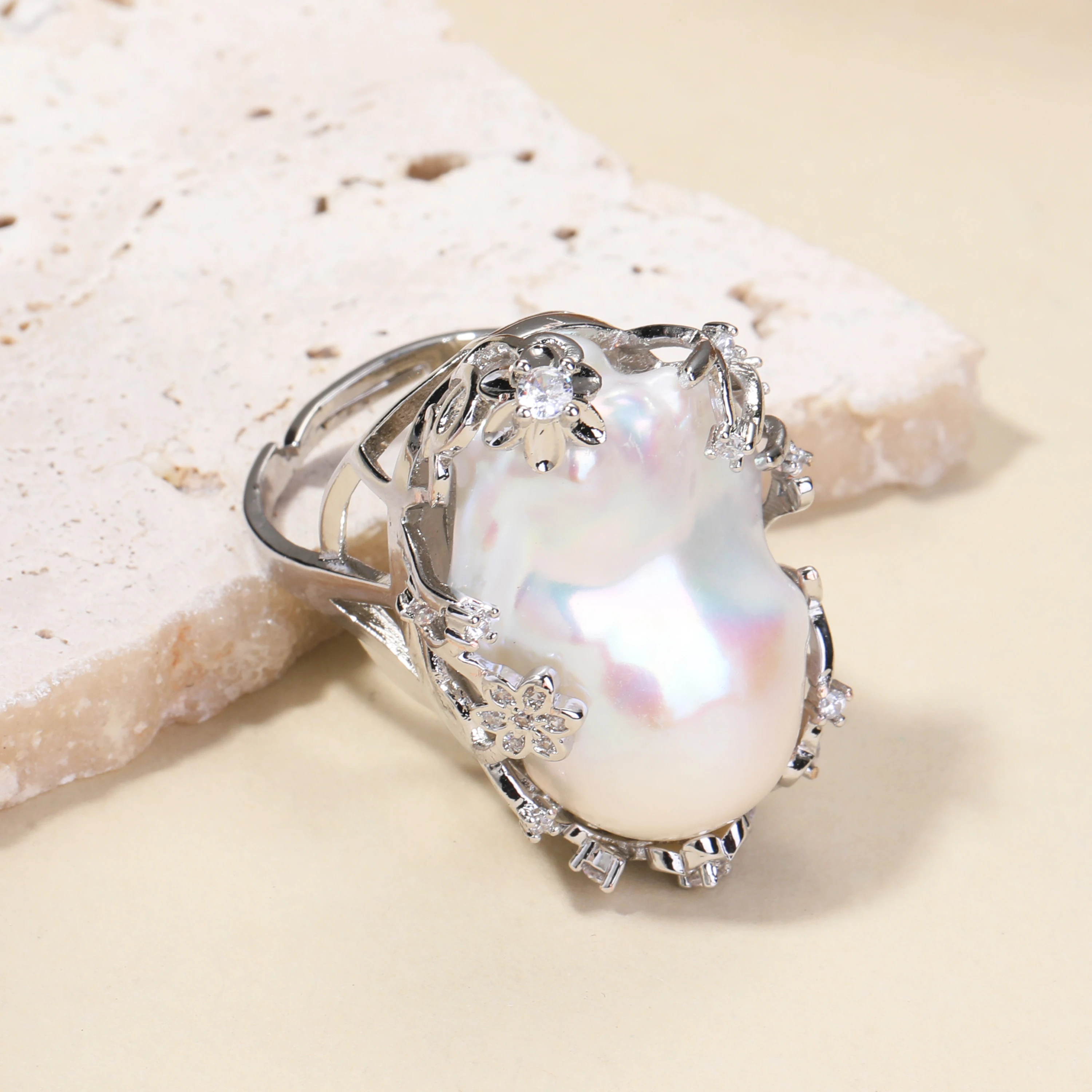 

Baroque Pearl Ring 100% Natural Freshwater Pearls Warm Tones Transparent Colorful Irregular Pearl Women's Adjustable Ring