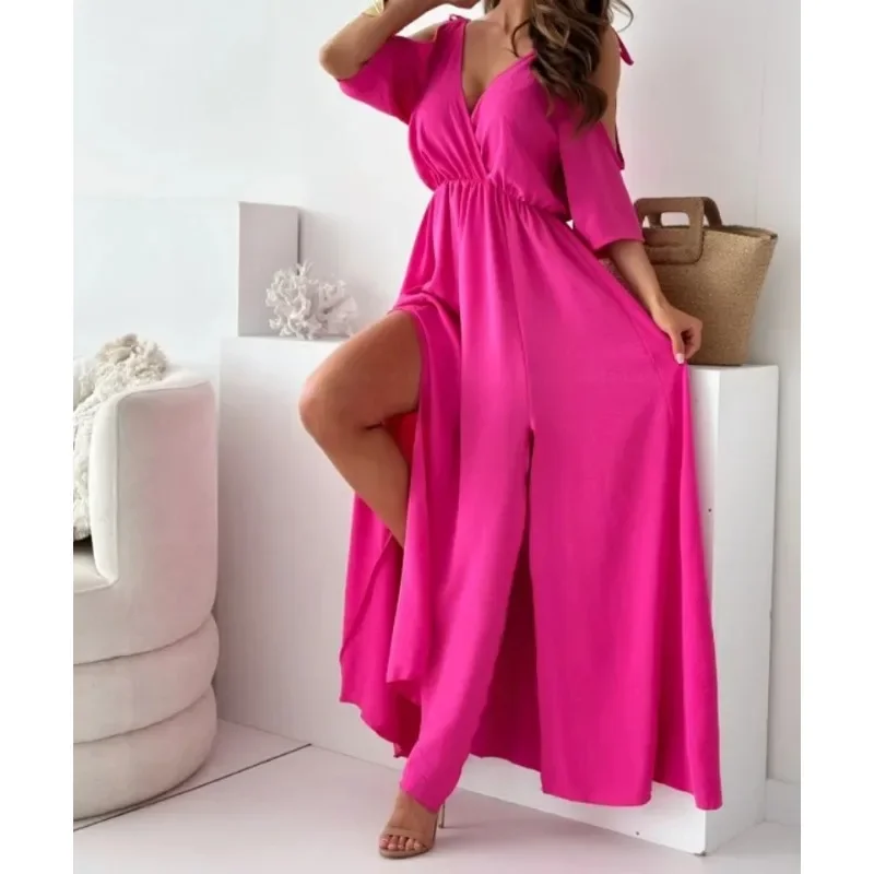 Robe de soirée longue pour femmes, nouvelle collection, tempérament à la mode, décontractée, épaules dénudées, fendue, couleur unie, col en v