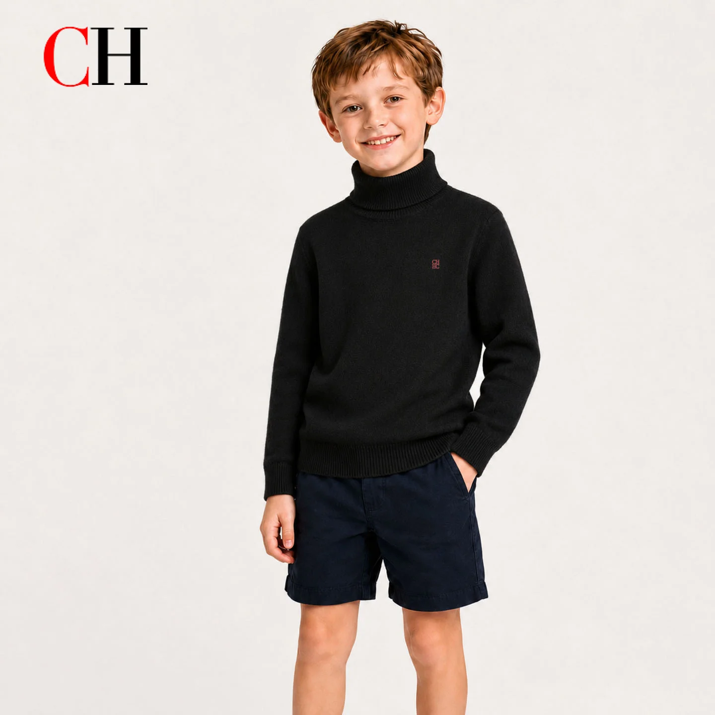 CH Kids Turtleneck Knit Pullover Ribbed Cuff Hem Chest Embroidery Soft Casual Children Long Sleeve Tops