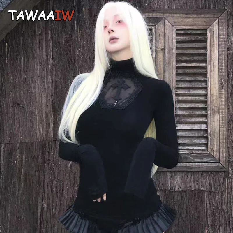 Tawaaiw Gothic Black Cross T Shirt Women Long Sleeve Turtleneck Slim Autumn Winter Sexy 2000s Clothes Y2k Tees Female Clothing