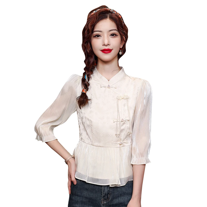 Summer Stand Collar Women Blouse Casual Chinese Style Chiffon Blouse Shirt Women Tops  Blusas Mujer De Moda 2024 Verano J206