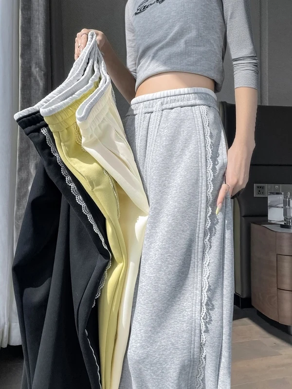 Authentic 2026 Autumn New Style Wide Leg Floor Length Lace Banana Pants Women Casual High Waist Cotton Ladies Trousers