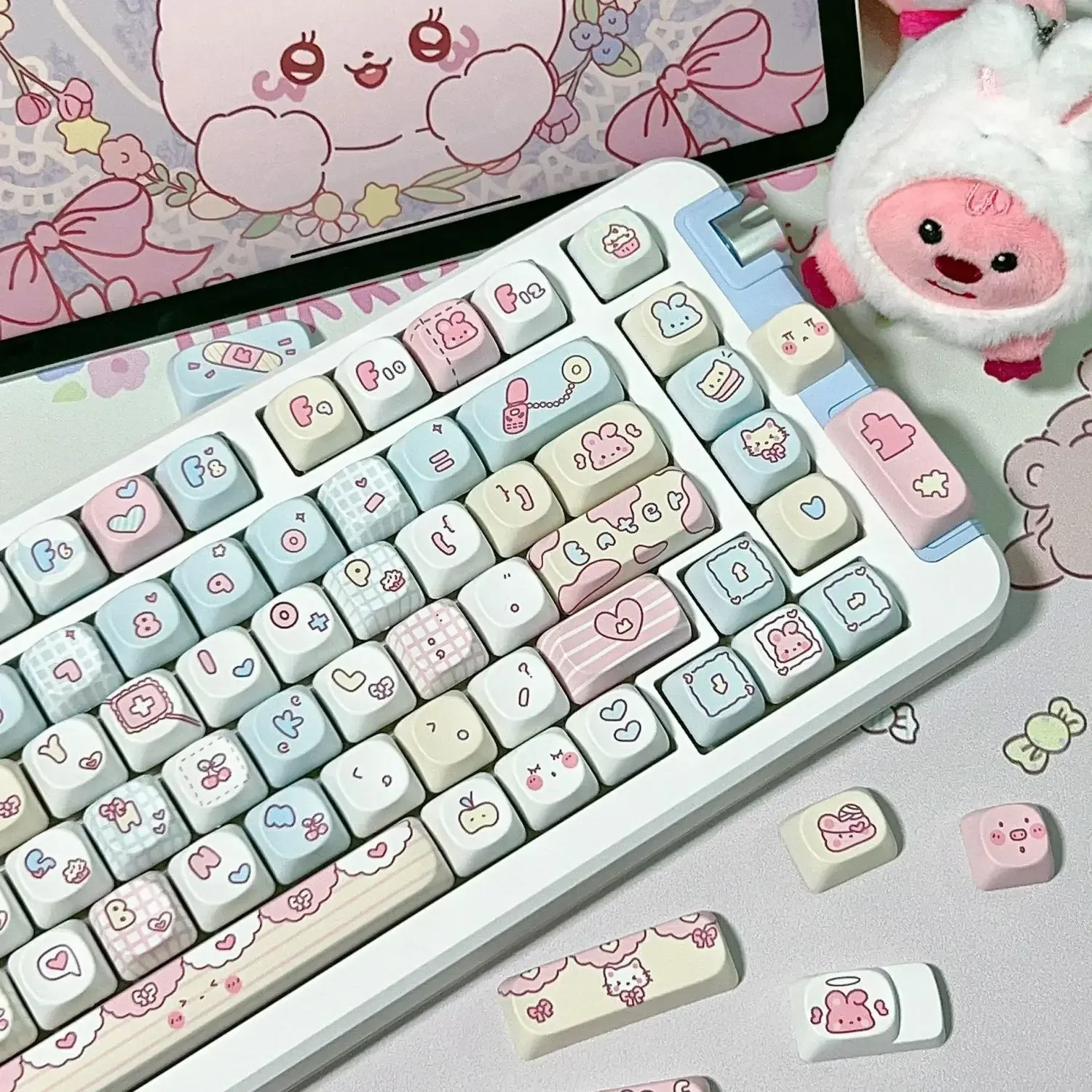 Pink Blue Rabbit Keycap ROA Height PBT Material Sublimation Cartoon Cute Girl Cross Keycap