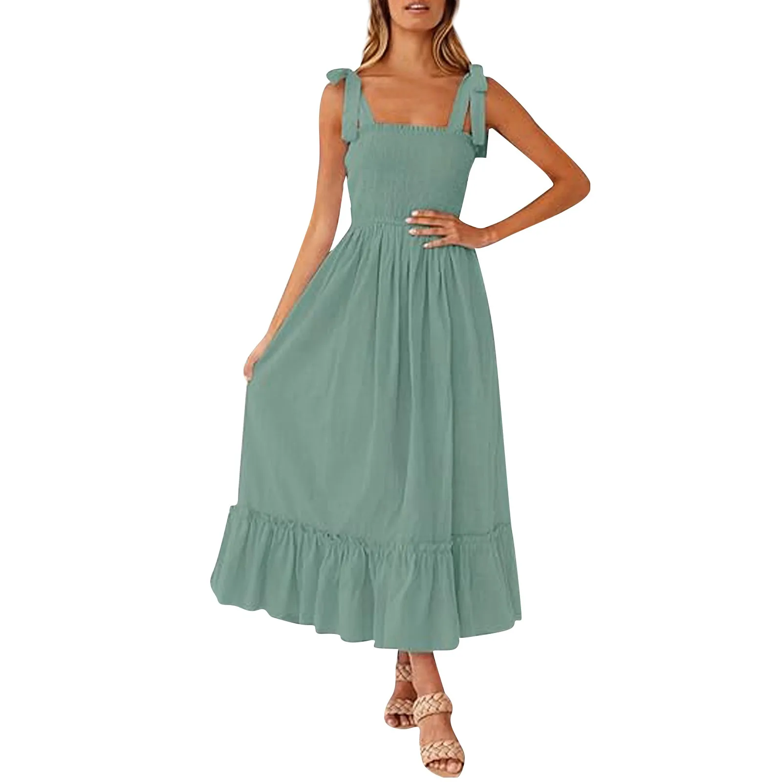 

2024 Summer New Dress Lace Up Bowknot Strap High Waist Solid Color Ruffle Dress Female Fashion Midi Dresses Women Vestidos