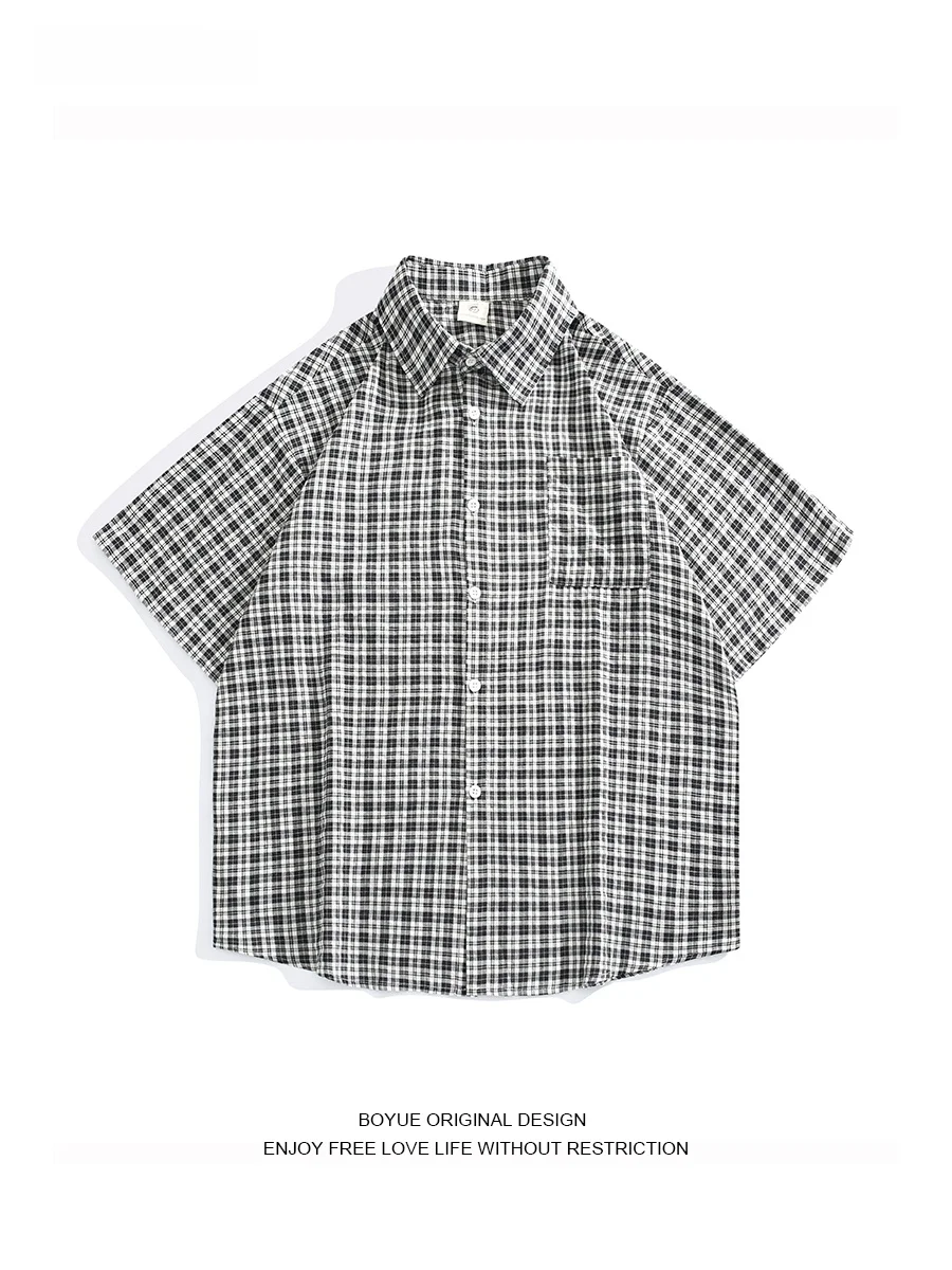 

Летняя свободная молодежная одежда Boyue в японском стиле: клетчатая рубашка для пар, студенческая повседневная одежда, верхняя одежда