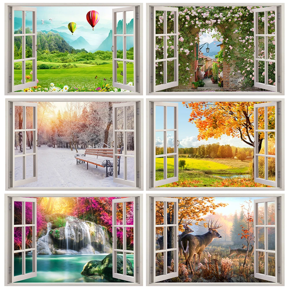 

Imitation 3D Window Pastoral Landscape Wall Sticker Self Adhesive Home Decorative Season Forest Deer Bedroom Wall Art Decal