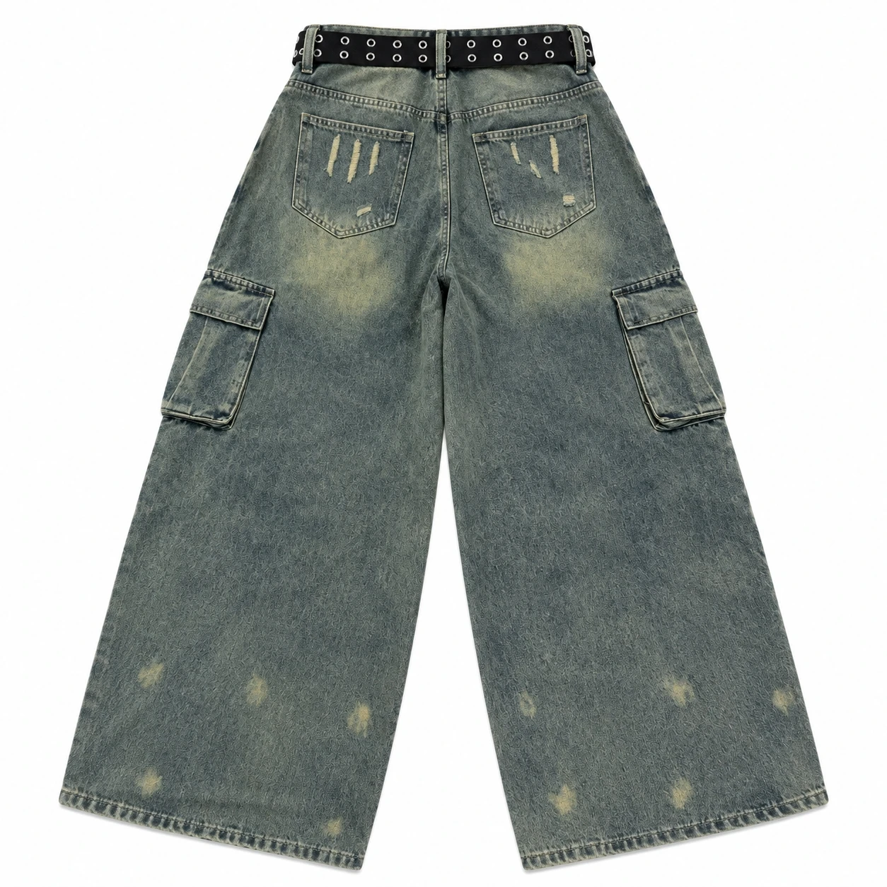 Vintage Blue Cropped Baggy Jeans Womens Patchwork Wide Leg Cargo Pants Hip Hop Punk Ripped Jeans Men and Women Casual Streetwear