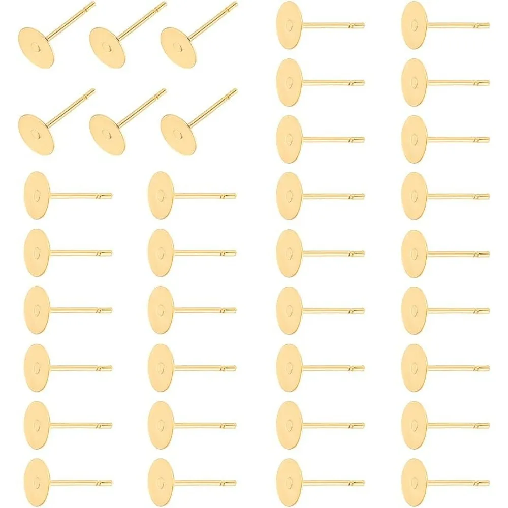 About 200Pcs 6mm Flat Pad Stud Earrings 24K Gold Plated Earrings Post Stainless Steel Stud Earring Findings Flat Round Blank