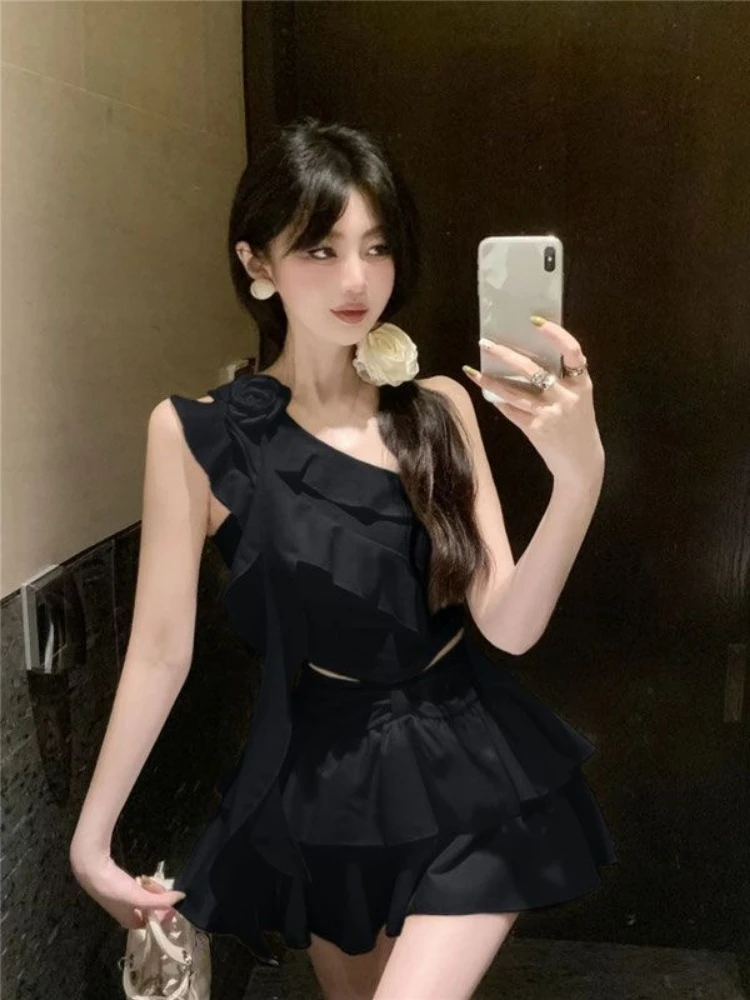 Summer 2024 Japanese 2 Piece Skirt Set Women Off-the-Shoulder Sexy Y2k Crop Top Slim Fit Ruffle Y2k Mini Skirt Chiffon Korean