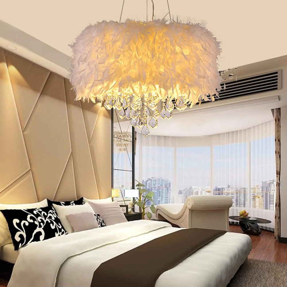Luxury Feather Chandelier White Pink Burgundy Crystal Pendant Light Modern Hanging Lamp for Girls Wedding Bedroom Living Room