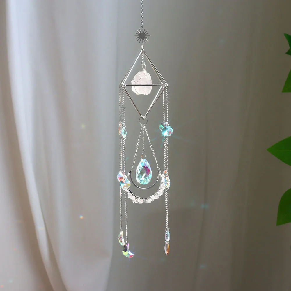 Custom Silver Geometric Frame Raw Clear Quartz Stone Crystal Sun Catcher - Glass Pendants Hanging Ornament for Window Decor
