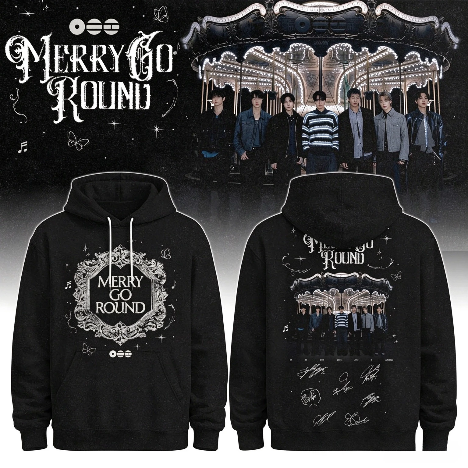 2026 BTS Merry Go Round Hooded Sweatshirt Double Sided Graphic Print Unisex Kpop Bangtan Boys Hoodie Fan Apparel