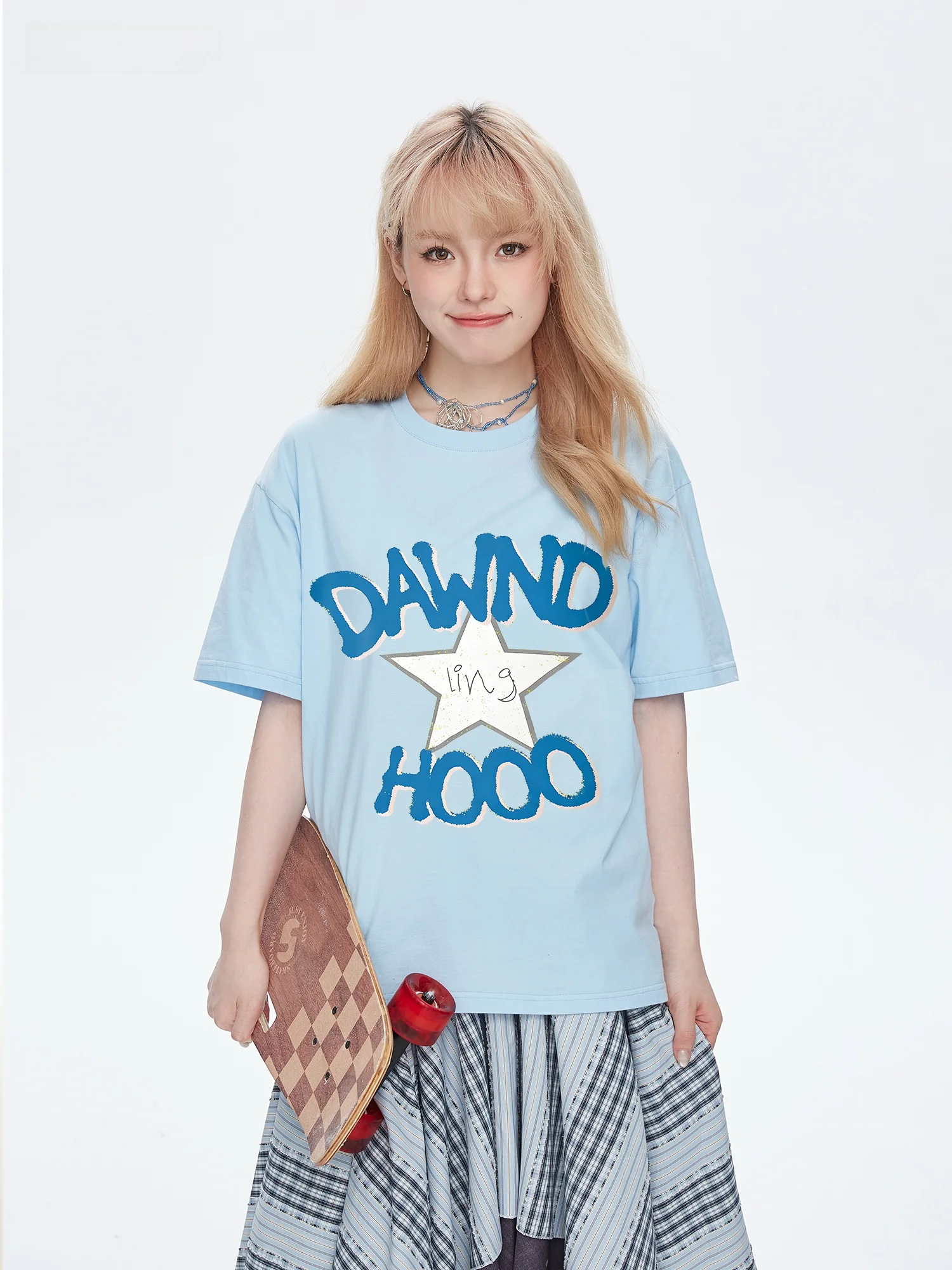 

Dawn D American Fun Letter Star Pure Cotton Short Sleeve Women's T-shirt Summer 2026 Trendy Brand Couple Half Sleeve Top